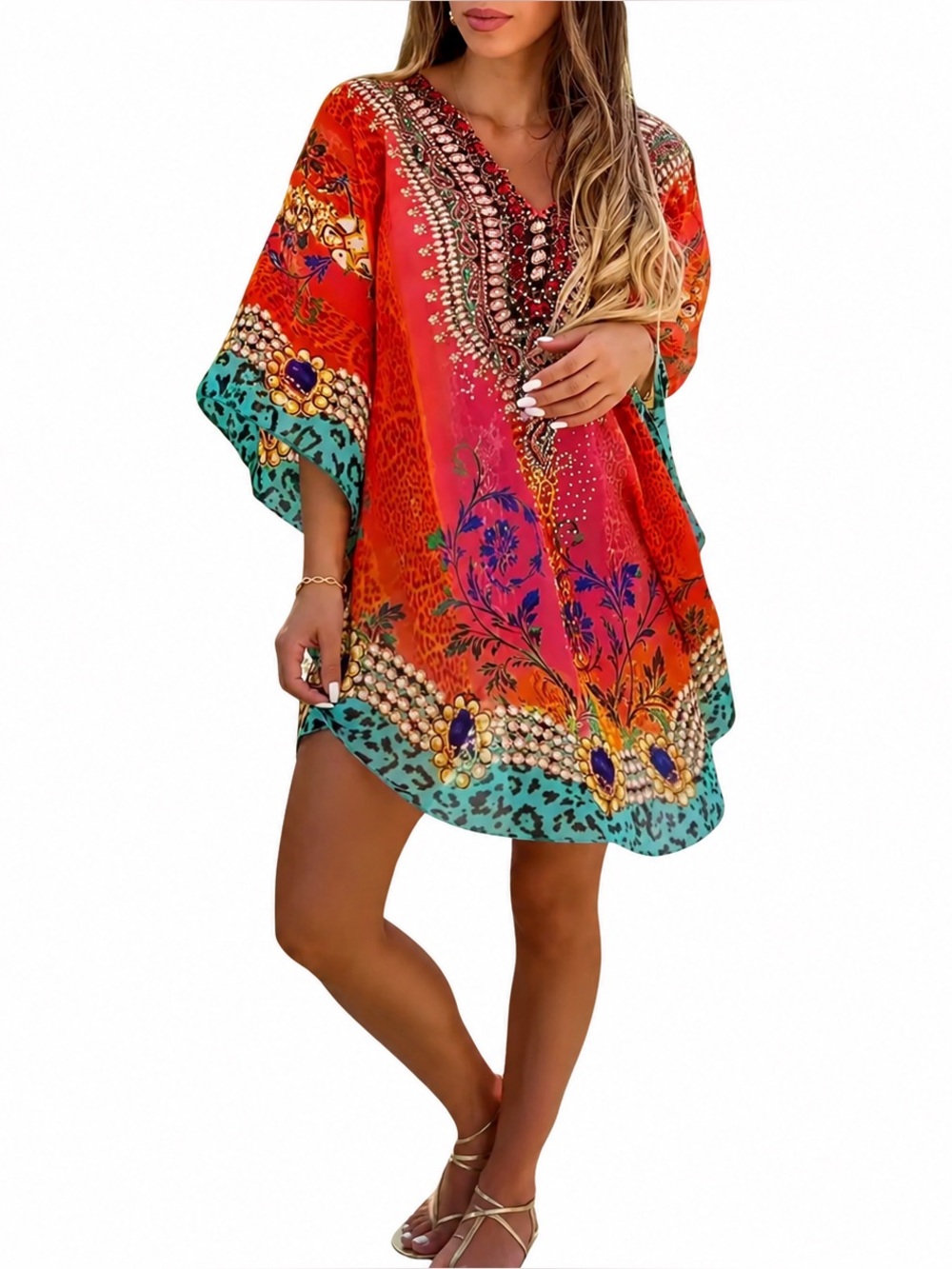 Desheng Colorful Rhinestone Top Bohemian Style Tunic Top/Cover Semi Sheer